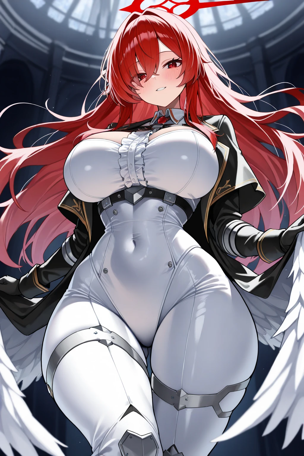 masterpiece, best quality, 1girl, long hair, big bust, very long red hair, yellow eyes, transparent clothes, ((white clothes)) rain, wet, exposed skin, ligerie, ((sexy pose)), white clothes, without pants, fishnet stockings, jewels, ruby earrings, good anatomy, red gloves, boots, heels, evil, emotionless, intimidant, bloody, detailed eyes, dark background, close up, ((detailed eyes)), beautiful eyes, hair bang, frontal look