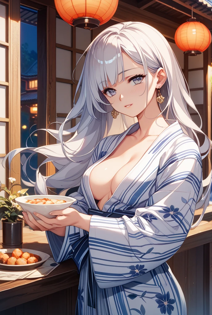 murayakuba, izakaya, scenery, indoors, lamp, table, realistic, photo (medium), photo background, poster (object),, ultra detailed, masterpiece, best quality, aesthetic, detailed,, serious, 1girl, (white eyes:1.1), (grey eyes:1.3), white hair, very long hair, parted hair, parted bangs, giant large breasts,