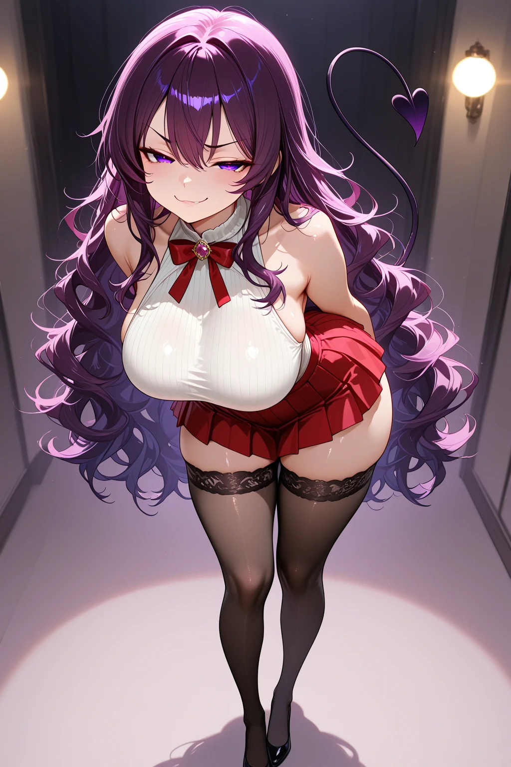 In 8K、highest quality、room with window、with a girl、Dark purple hair、twin tails、big pink ribbon、delicate face、smile、red eyes、blushing face、Black and white blouse with lots of frills、plaid red skirt、Skirt flips up、beautiful feet、striped lace tights、black platform pumps、seductive thighs、big breasts:1.8、big ass:5.5、big breasts、cleavage、 thin waist、beautiful waist、shiny skin、Perspective from above、black panties with holes、