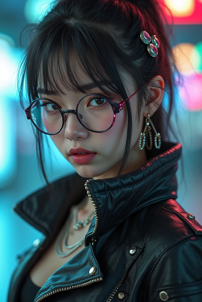ultra-detailed, cute woman, petite stature, enormous breasts, side milk, white skin, alluring figure, black long messy hair, watery eyes, long uper eye lashes, contemptuous gaze, blush on cheeks, seductive smile, background((dark and messy gaming room, Server Machine, neon lights, Braces, some computer, notebook)), messy paper, flight, Debris flying, writing border depth, Movie, Finished lunch box, Cup drinks, coffee, seated in a gaming chair, ((engrossed in staring at the computer screen)), ((hands moving on the keyboard)), black RGB gaming headset, Blue jacket, Open shoulders, black short bandeau top, white miniskirt, , black-framed glasses, (Glasses reflect light from screen), ((screen light)), HDR, Premium shade, Perfect painting, visual art, Perfect art, super detai, from side, atmospheric perspective, chiaroscuro, Best quality, textured skin, ccurate, highres, super detail, masterpiece