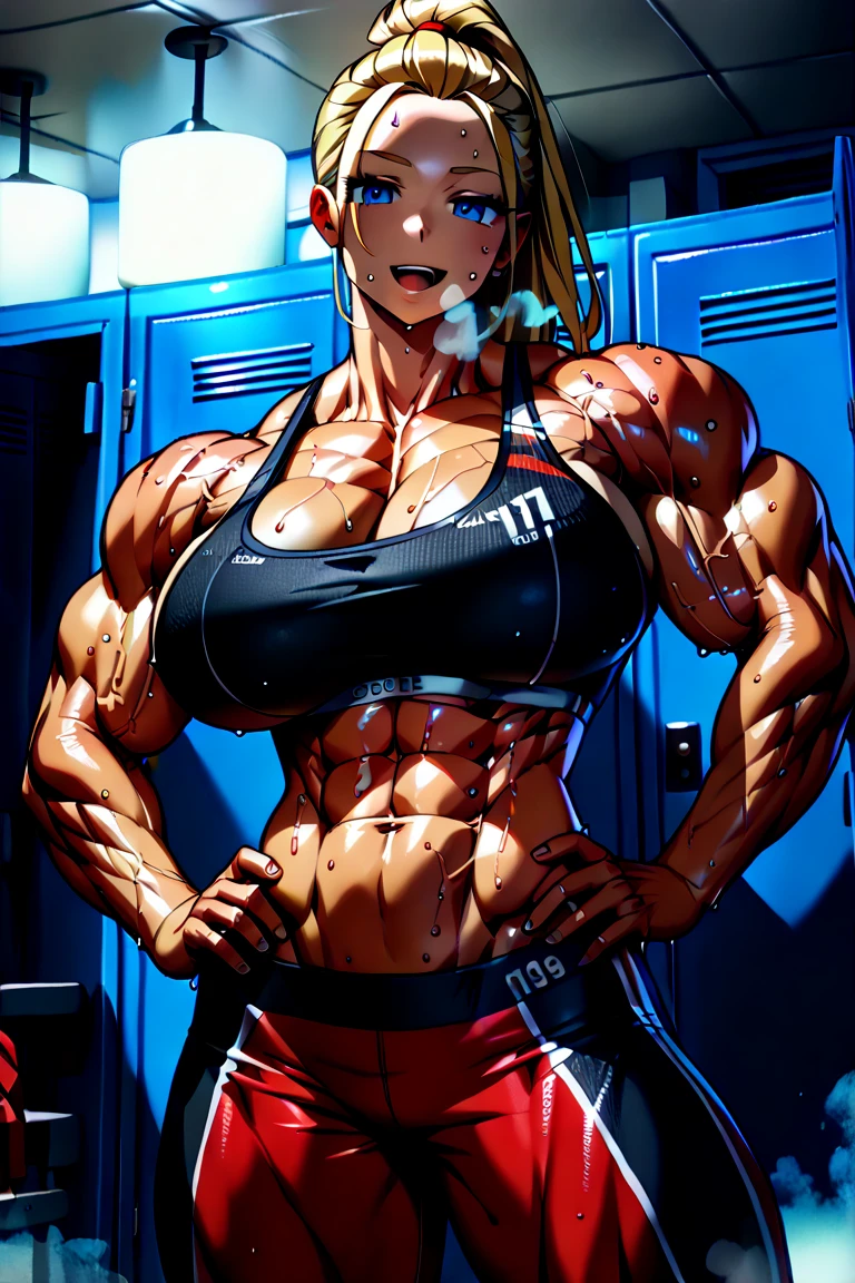 (masterpiece, best quality:1.2),miraculous,Rose Lavillant, 1girl, solo,short blonde hair,bluebell eye's,pink-top,white pants,,muscular,female,bodybuilder,strong,toned physique,ripped muscles,lean body,fitness enthusiast,empowered,confident,posing on the stage,determined expression,fierce competition,bulging biceps,sweat dripping,veins popping,athletic physique,intense workout sessions,strong legs,bulky shoulders,disciplined lifestyle,dedicated training regimen,fitness inspiration,endurance,unstoppable force,barbell,weights,exercise equipment,stamina,perseverance,sculpted arms,powerful presence,fitness model,athleticism,competition preparation,high-intensity training,competition stage,striking physique,mental fortitude,motivation,hard work,persistence,inspiring,admired by others