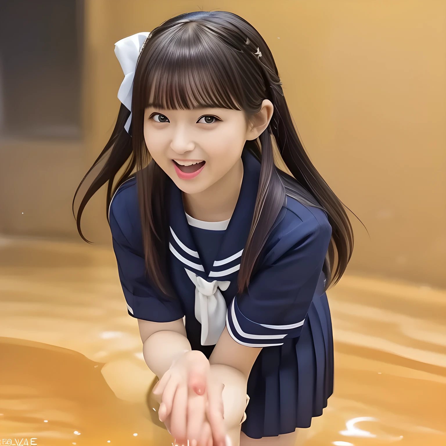 (highest quality, masterpiece, clearly detailed:1.5), highest quality, High resolution, 1080p, 8K, (Too beautiful and Kawaii, infinite kawaii, ((purest)) ((sweetest and cutest)) ((beautiful girlish and Evolved with grace)), Epitome of maidenly decorum, ((Too much beloved)) noble grown beautiful beautiful girl with detailed, 155cm height, ((svelte silhouette)), Cloistered beauty, dreamy appearance, giving too much pleasure to my sensitive body's tip covered with beautiful hands and fingers, spoiling me by pleasure with detailed: 1.7), (laughing white face with unreal beauty, overflowing with translucence: 1.8), (Pristine navy uniform, (Neatest (navy colored) sailor-style school uniform, navy sailor collar, shiny-blue ribbon, school navy pleats skirt with detailed): 1.8), (Too beautiful dreamy eyes and neatness charm the viewer), (Giggling cohort background with many white lovely marks, clearly detailed foreground, with most beautifully detailed: 1.9), ((purity and neatness of pristine uniform is very impressing): 1.8), (focus on her internal mind: 1.9), (Beautiful brown eyes), (black low twin-tail styled hair, bangs trimmed carefully, neat tight (low twin-tail) hair: 2.0), (her very fluttering high-tone voice tell me to give her everything like too sweet aphrodisiac trembles me: 1.4), (I can't stop discharging and draining my every liquid like honey to her by the beauty and pleasure, she enjoys about it and improves it: 2.0), (dark background: 1.0), (The viewer is very funny and tastes sweet for her: 2.0)