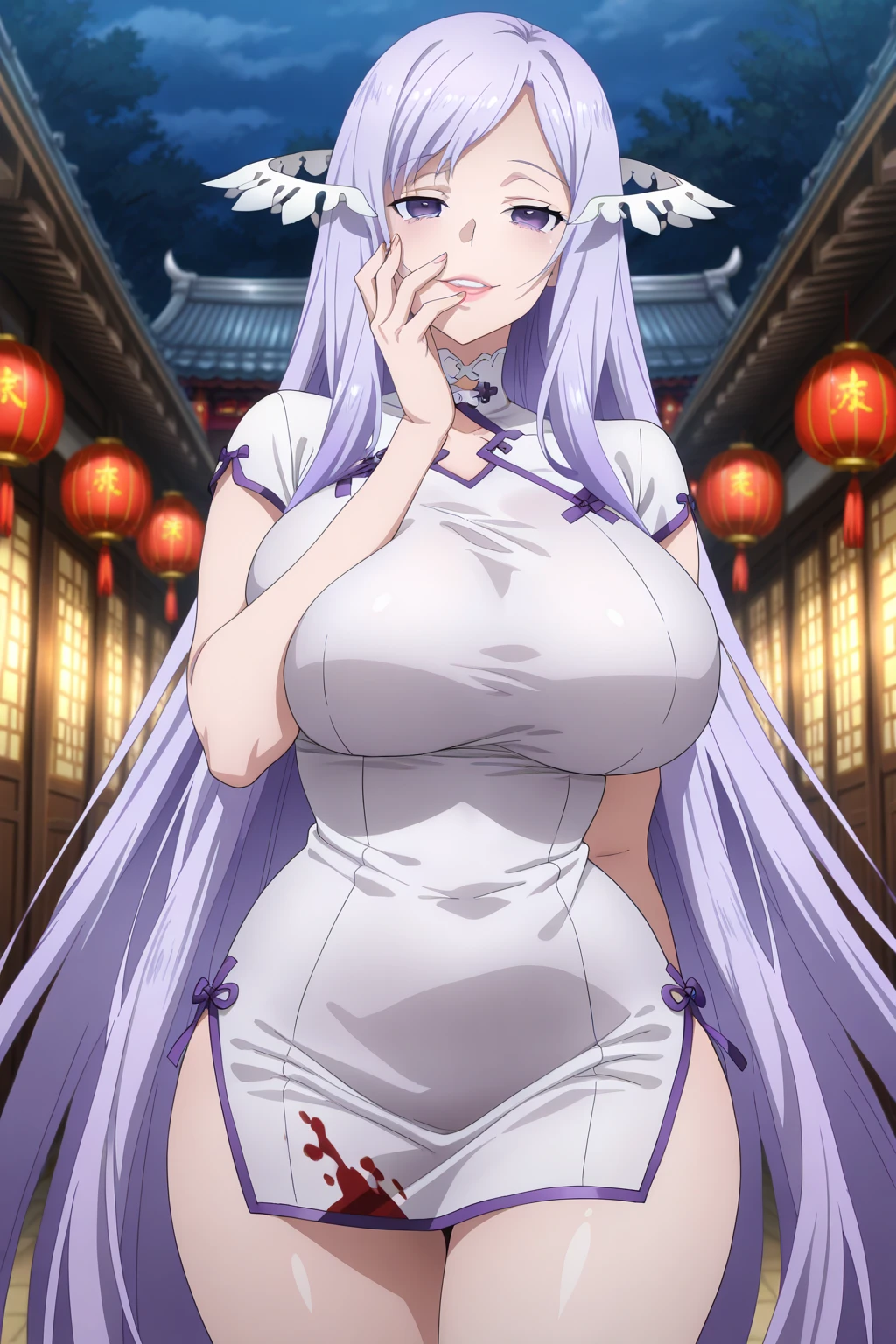 (Nude), ((Big tits)), ((pussy)), white purple hair, ponytail hair, purple eyes, hairpin, ((masterpiece)), illustration,Froleytia, looking at viewer, expressionless, light blush, snowing, fullbody, sauna, onsen
