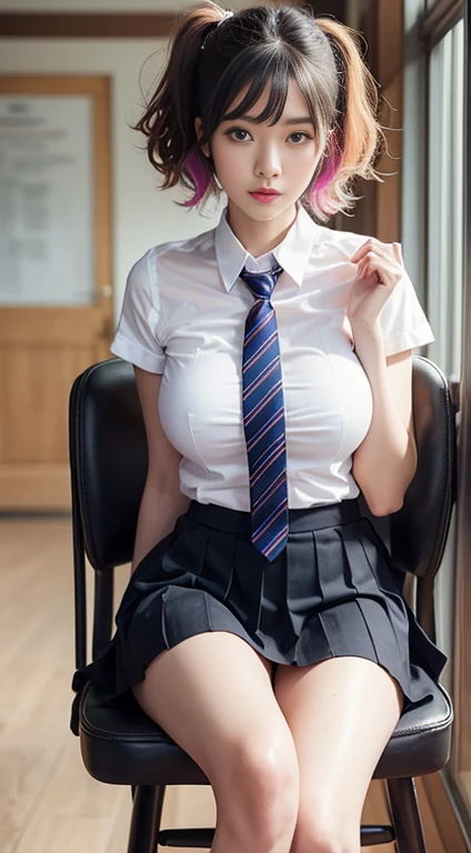 Mix 4, (8k, RAW Photos, Highest quality, masterpiece: 1.45), (Realistic, photoRealistic: 1.37), kitagawa marin,  (Blonde, Pink gradient hair), ((Long Hair, Sink bangs,Colorful Hair, Red eyes)),Pose like a model,Japanese women, 16 years old,high School student、Model body type, (Big Breasts:1.3), Narrow waist, Beautiful Face, Beautiful Eyes, Multiple simple dot earrings on earlobe, Cartilage rod piercing, White shirt, Shirt with tie, Black choker,  Blue tie, Checked skirt, カウボーイshot, inside the School、classroom、hight School, 1 girl, alone, Detailed face and eyes, Upper body photo. Realistic, Realistic.Marin Gyaru,School_uniform, Embarrassed look, (((( M-shaped feet, please look )))), (Please spread your legs wide and show me: 1.5), Real nipples, Genuine open, Browsing Caution, (smile:0.7)、((shot))、((Lace panties:1.3))、