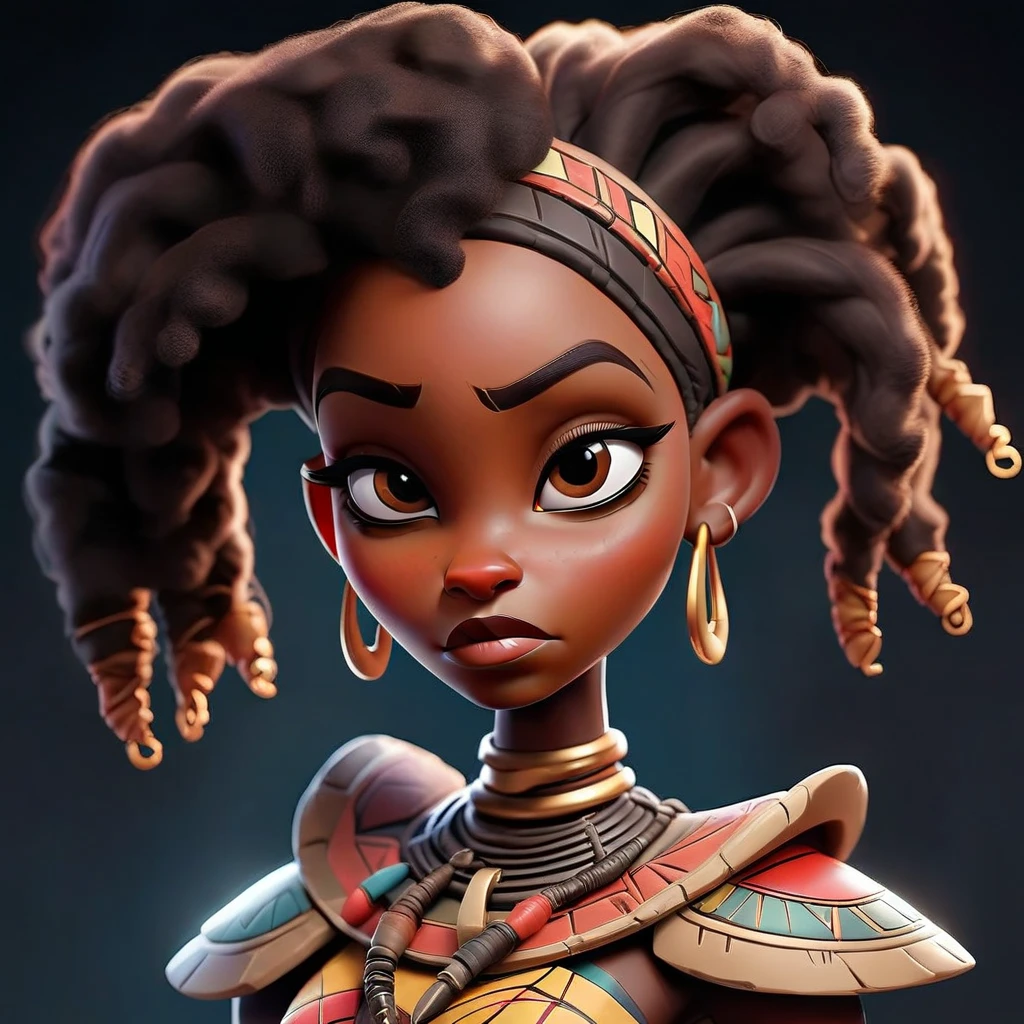 Black princess, dark skin,teenager,black hair,long dreadlocks,3d,warrior princess,mangual at the tip of braids, dressed in silver armor with red jewelry, honey colored eyes, video game style, dark dungeon, dynamic battle pose, mangual.