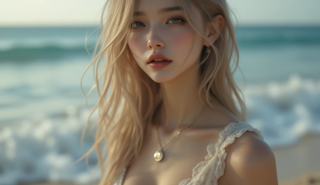 A blond young sexy woman with long curly hair and hot clothes sits on a beach in a lost
island
