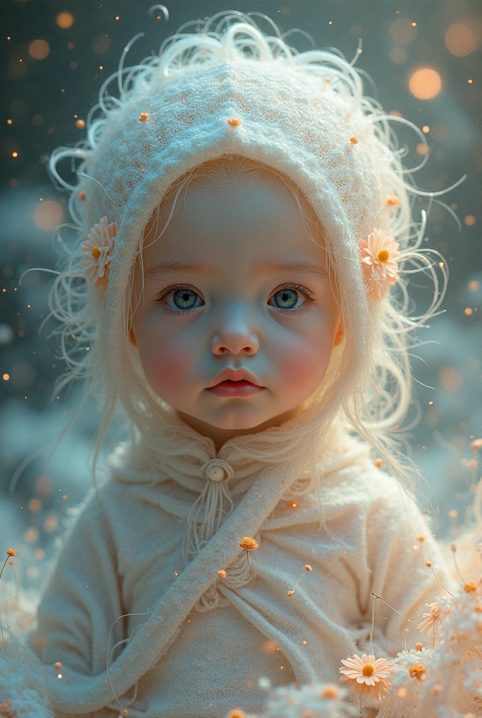 (master part, 4k resolution, ultra-realistic, altamente detalhado), (Tema de Menina pequena alada (asas rosa claro) Is kneeling on a cloud, pele clara, longos cabelos loiros, olho (Rosa), Flying in the galaxy.), [((7 anos), (longos cabelos brancos), corpo inteiro, (olhos rosas), (Poses ajoelhada) (galaxy environment)