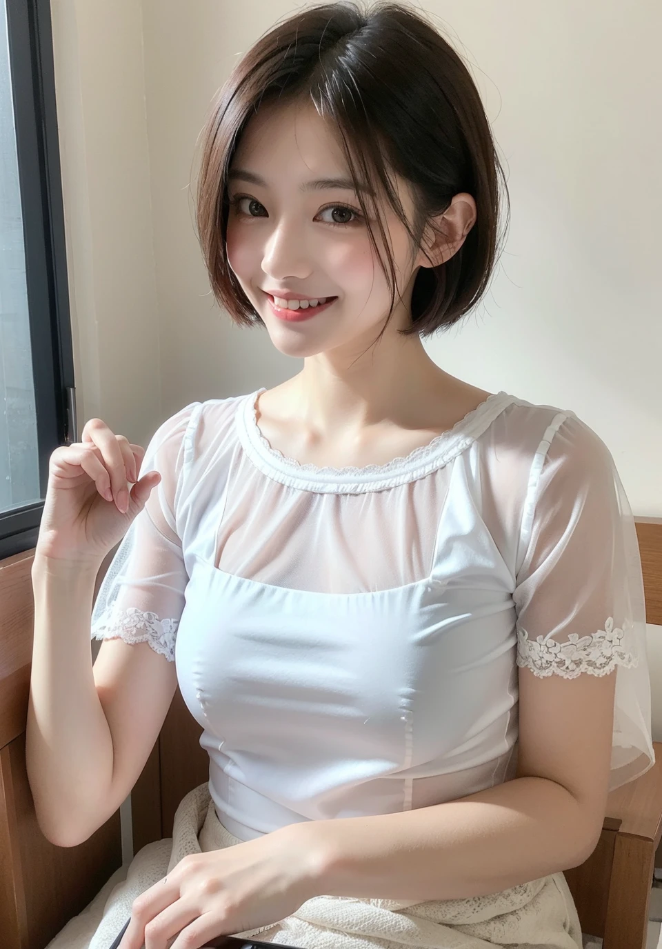 hightquality,in 8K,1 girl in,E-cup,finerly detailed face,Natural eyes,二重まぶた,A smile,cute little,date,Natural feel,Menhera,Anatomically correct, Textured skin, High quality, hight resolution,Symmetrical,the golden ratio,Beautiful detailed eyes,full body Esbian,Raw foto,Erotic,Valentine,short-hair