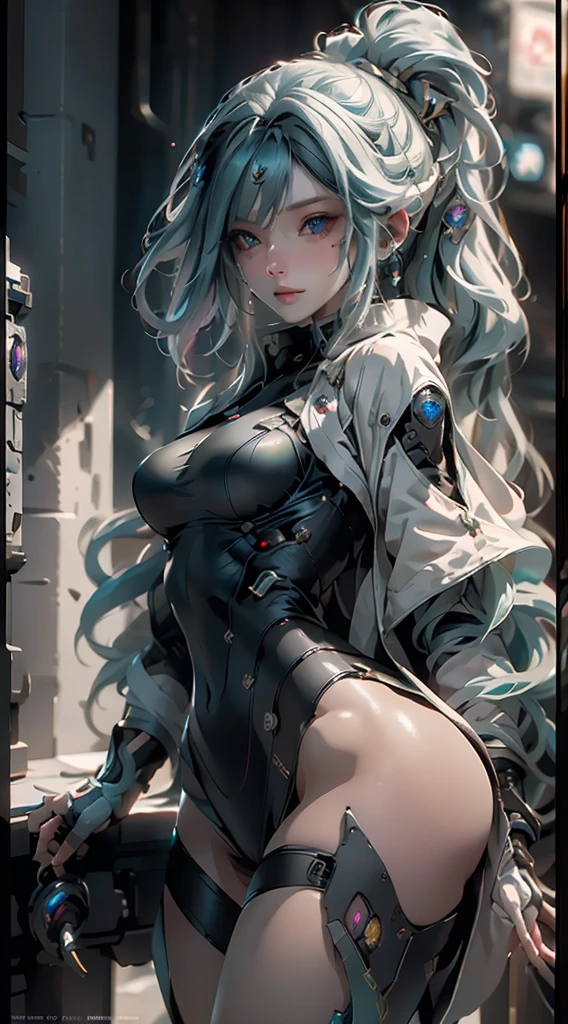 be realistic,(masterpiece,highest quality,highest quality,very detailed,fractal art,most detailed,(abstract background:1.5)(1 girl),Kamimei,(hair length),(Chest with shining green eyes,stunned),crystallization,sexy,Mechanical Armor,tanned skin、break、(office wear blazer、white cutter shirt、black pencil skirt、pumps)