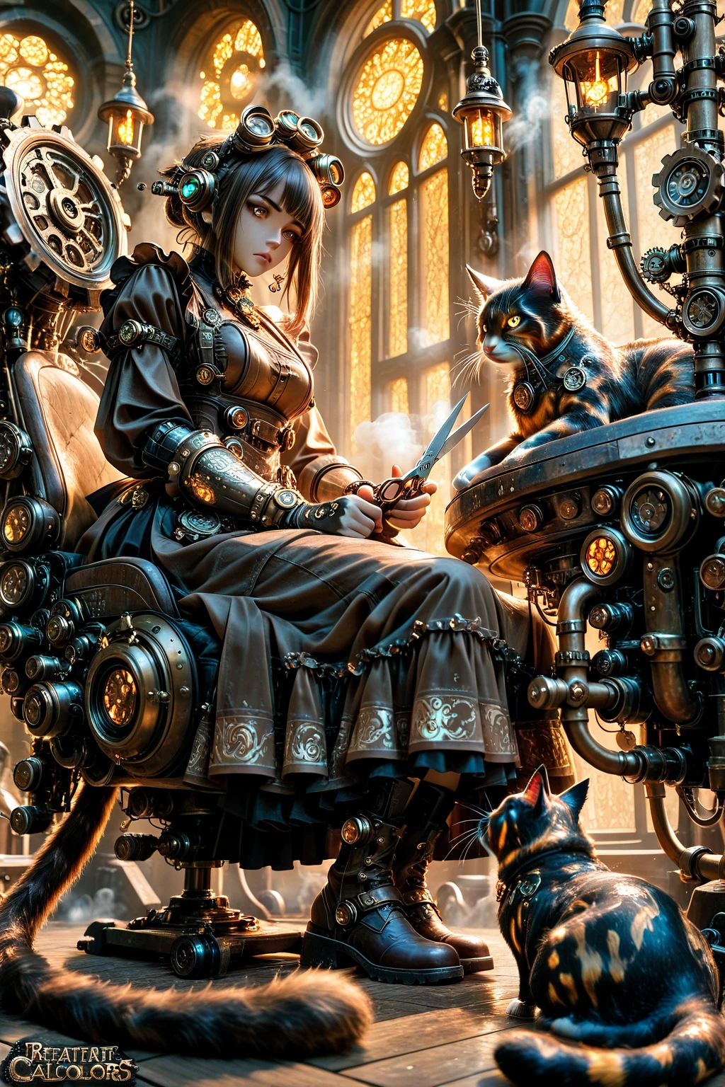 "Steampunk girl with a cat robot companion, poised in a candlelit room,  eye contact with the viewer, captured in a wide-angle shot."