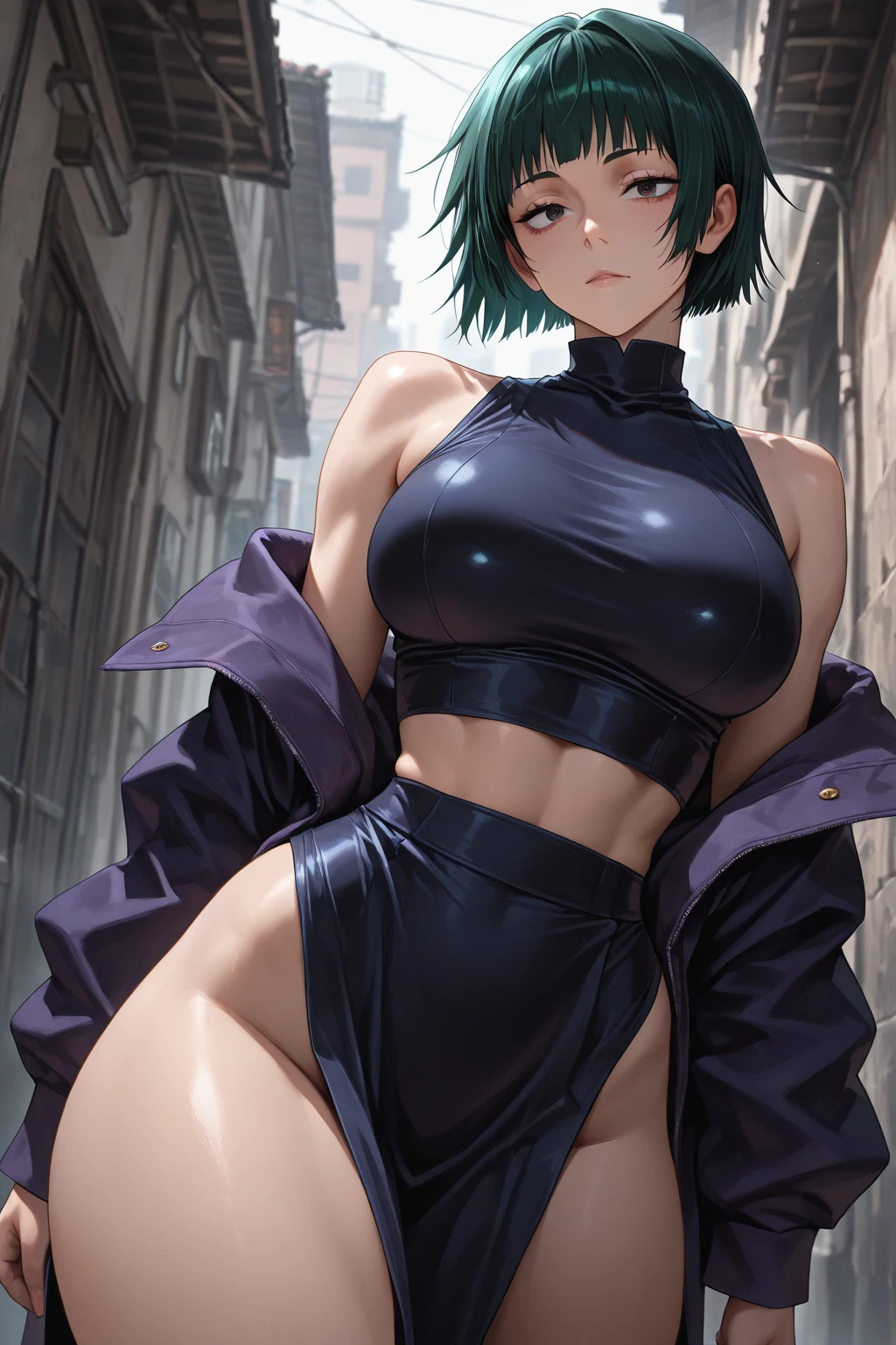 （（（masterpiece、Highest image quality、highest quality、highly detailed unity 8ｋwallpaper）））、（（Illustration of one girl））、（（（beautiful girl）））、（（green hair、pixie cut：1.3、sidelocks、purple eyes））、（stocky build, thickset physique, muscular legs, broad shoulders：1.2, solid chest：1.3）、swimsuit、sandy beach