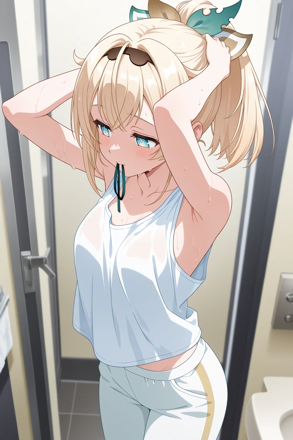 (high school girl、Tan Skin、Brown skin、Earrings、Change of clothes、cap、shirt、satin bra、Satin Panties)、(Hairstyle:french braid、Blonde)、locker room