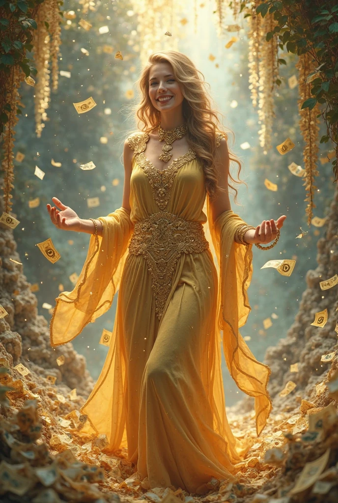 Beautiful teen girl in green colored very designful dress smiling black skirt and cute blonde with lots of gold giving gold coins and girl is the godess of creation, she is with water flowers and she is the creator 
