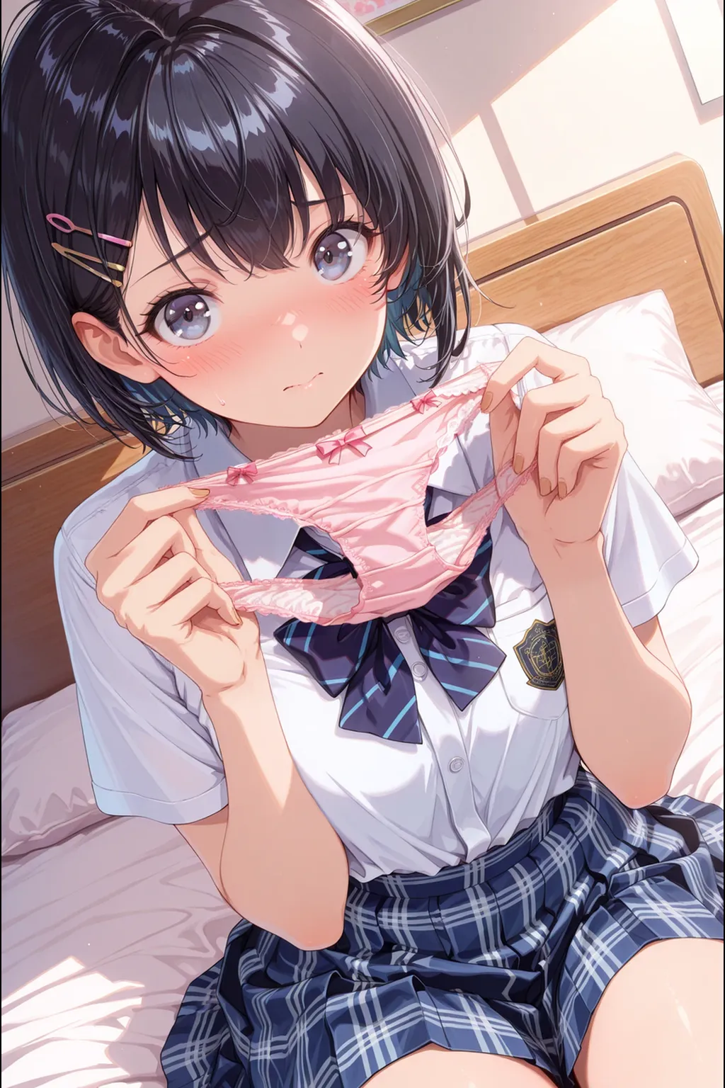 And soul、Stickers、1 beautiful girl、a bit、(((Baby Face、Baby Face、Baby Face、Close-up photo of the chest、M-shaped legs、A benevolent smile、Lifting Ultra-Flat Chest)))、blush、Sleep on your back、short hair、White bra、Super flat chest nipples
