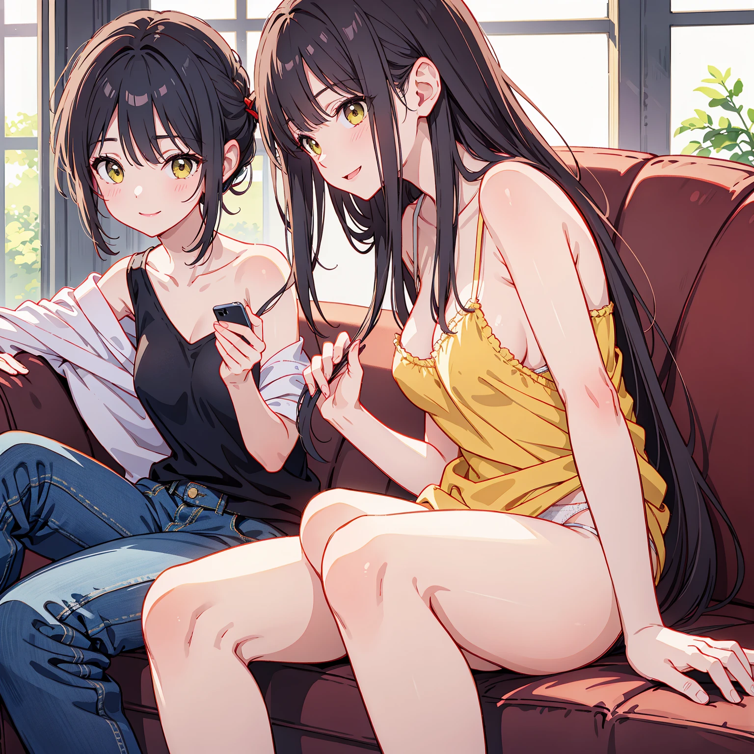 masterpiece, Highest quality,cute, (Super Long Hair),((A lot of hair)),smile,Two people,((On the express train)),Black Hair,Beautiful hair,Ponytail or twin tail,Sitting,Eating lunch