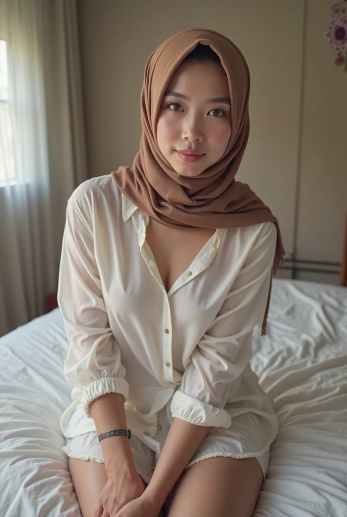  SUSPENDER,  (((HIJAB MALAY GIRL))), masutepiece, High quality, UHD 32K, Realistic face, Realistic skin feeling , A Japanese Lady, 8 years old, , Very cute and baby-like face, (((FLAT CHEST))), (MATRIX WORLD), ((look In front  at the camera and SADNESS)), (((CUTE GIRL))), ((RED LIPS)), ((CHUBBY)), (undress, BROWN, flower patterned, straddling 