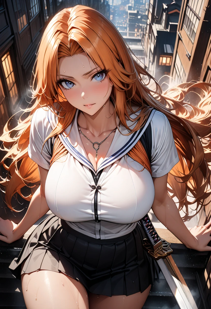 masterpiece, best quality), intricate details, 1 girl, woman, orange hair, nami \ (one piece\), (long hair), shirt, white shirt, female focus, clothes, collared shirt, pants, cape, black coat, shirt, scar, sandals, pectorals, partially unbuttoned, cleavage, black coat on shoulders, nature, scenery, upper body, straw hat,
((front view)) ((close up shot)) ((solo)) ((Twisted Updo: Long hair twisted and pinned up into an elegant updo, often with loose tendrils left out))
...