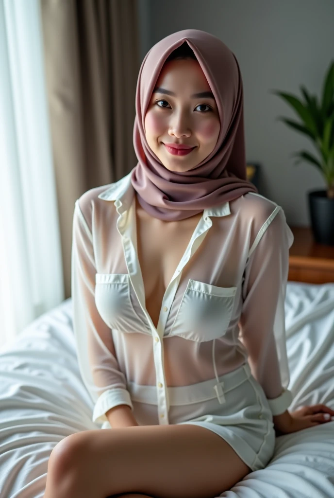 Naked young malay girl inside small 1 bedroom apartment, very small breast with poking nipple, wearing white hijab and an openned long sleeve long large white cotton shirt up until knee with all button openned revealing both breast, laughing, looking at camera, full body shot, trimmed pubic hair, sun light cast on full body