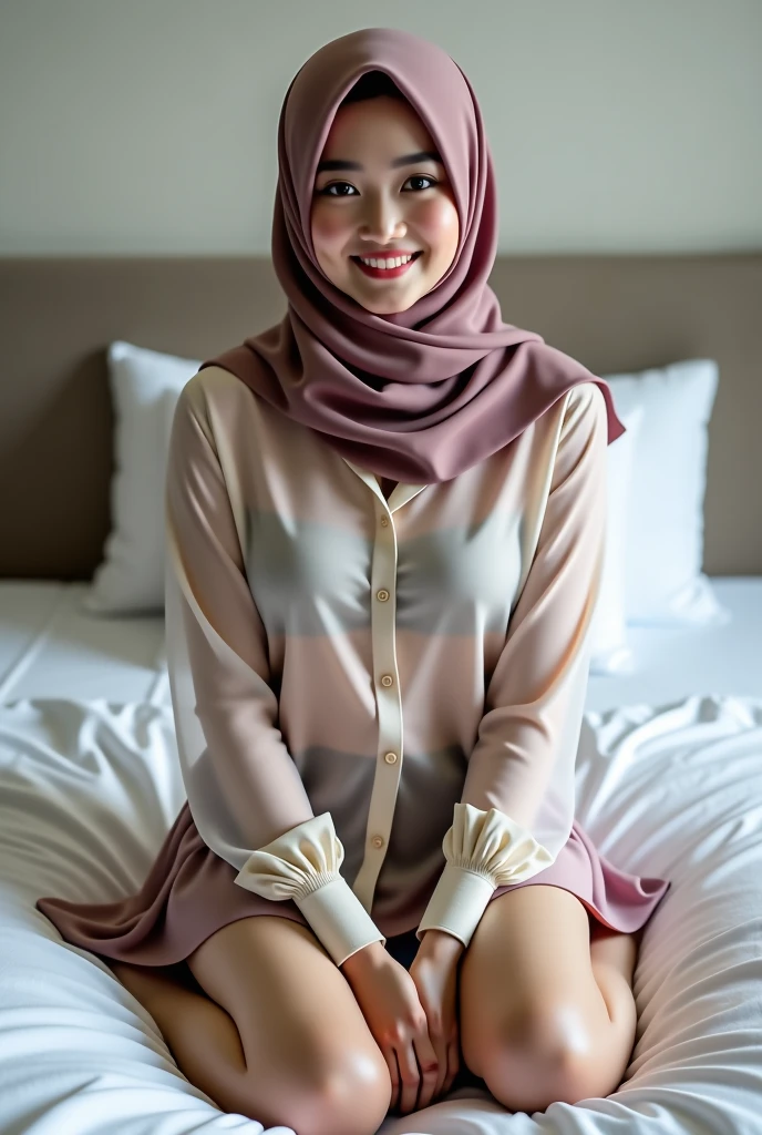 RAW, Best quality, high resolution, Masterpiece: 1.3), Beautiful Malay woman in hijab, sitting, Masterpiece, Perfect slim body, ((Huge breasts:0.7)), Beautiful big eyes, water eyes, Soft smile, ((wearing tight red pastel floral malay shirt with closed hijab)), tight trousers, simple diamond necklace, ((closed clothes), ((polite clothes)), windy, skin details, skin texture details, wide hips, thick thighs, sexy body, night time, laughing, happy, night atmosphere, bed room, blurred background, bokeh,