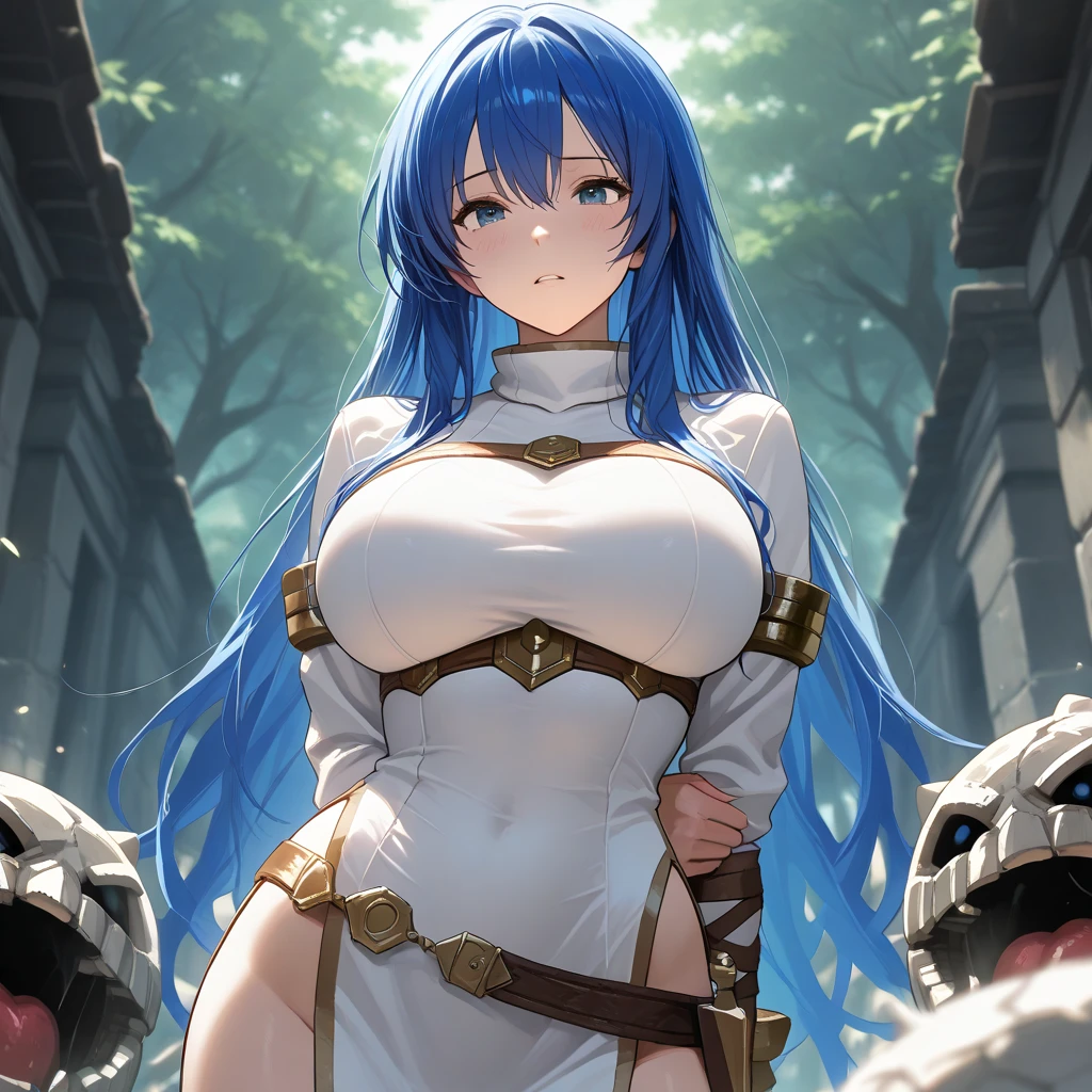Dressed in white armor、Has blue hair and narrow eyes、Smiling character in the forest。clew。Big breasts、thighs thighs thighs thighs、Hair long