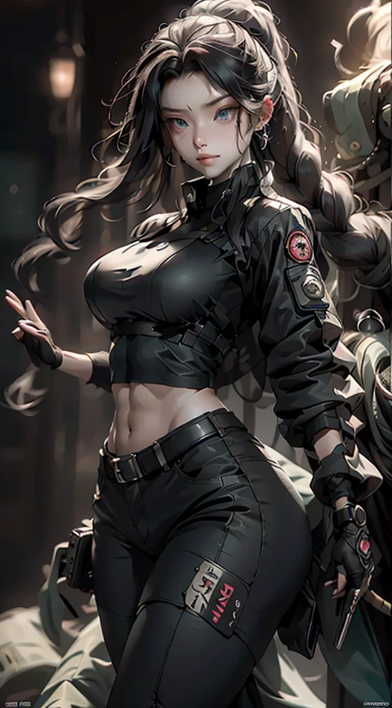 masutepiece, city detailed scenario, city detailed background, 1 girl, black Leather top cropped, Sleeveless, blacks leather pants, long gloves, Sexy pose