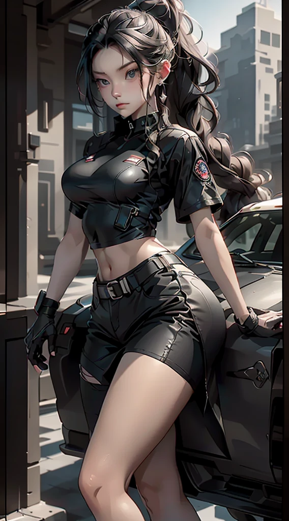 1girl, Solo, Slender, big breasts, beautiful, Young, Little woman, Coveralls,a repairman, tight suit, navel, cleavage, Car, garage, various angles, (front, back, side), character sheet, model sheet, reference sheet.