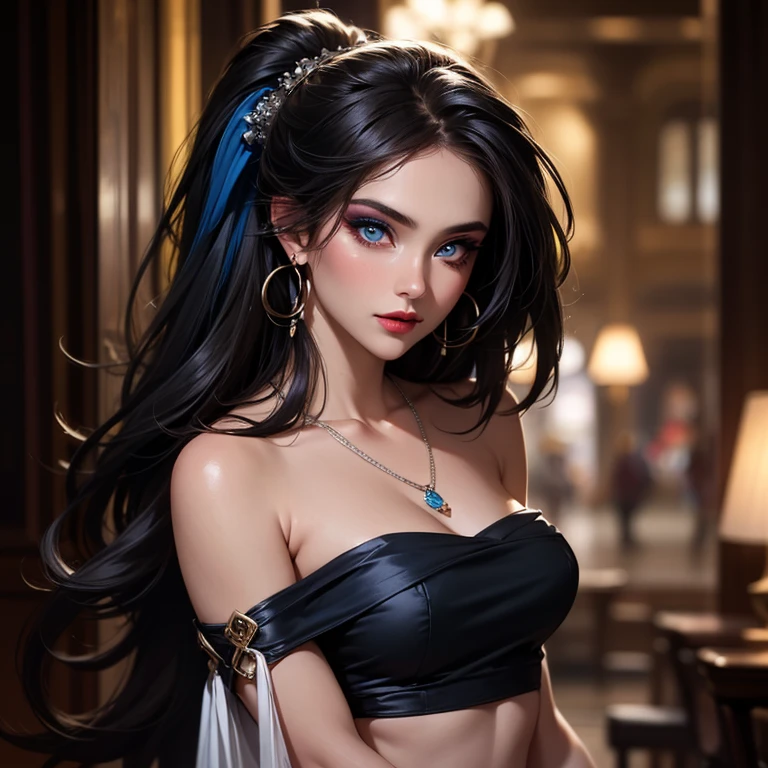 Amazing portrait of a sexy woman with a beautiful face covered with makeup with blue eye shadow and blue eyeliner emphasizing her seductive eyes and her long black hair in a long ponytail wearing a small blue necklace and silver hoop earrings and a short blue strapless top showcasing her bare shoulders and midriff paired with long blue flared leggings and high heels