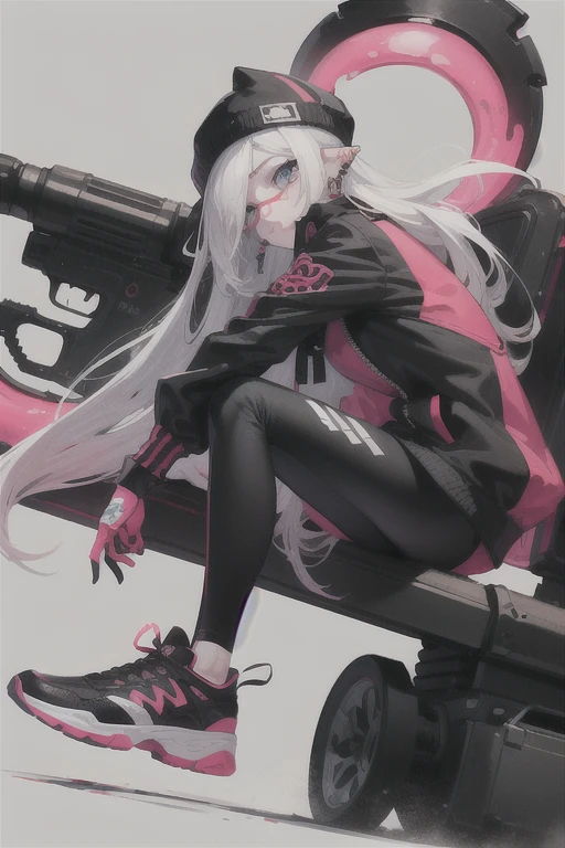 It depicts a young man with white hair and red eyes in a black cap with a black and red coat with black shorts and long white socks ,wearing nike sneakers