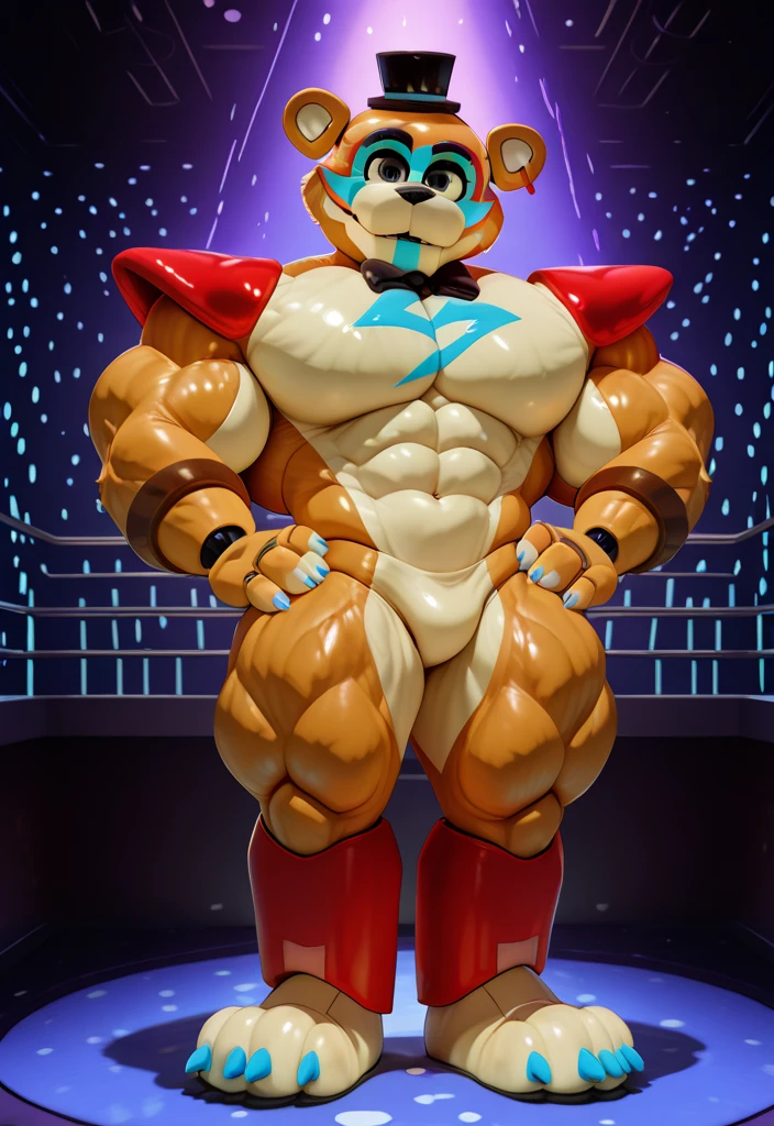 Glamrock Muscular adult Freddy flexing his arms wearing a small thong hiding his huge bulge on stage while sweaty 
