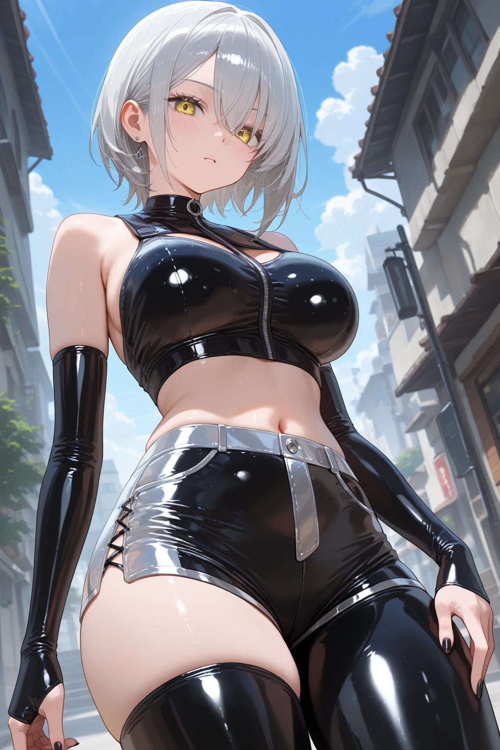 (High quality, High resolution, Fine details), BREAK (white crop top, black leather short skirt), solo, curvy women, BREAK white hair, sparkling eyes, (Detailed eyes:1.2), smile, blush, Sweat, Oily skin, shallow depth of field, full body, seductive, spicy,