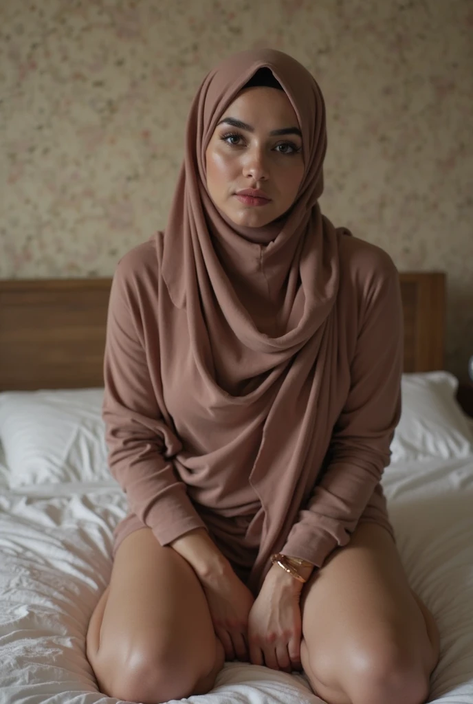 31 y.o. turkish hijab woman, sitting in the sofa, sexy clothes