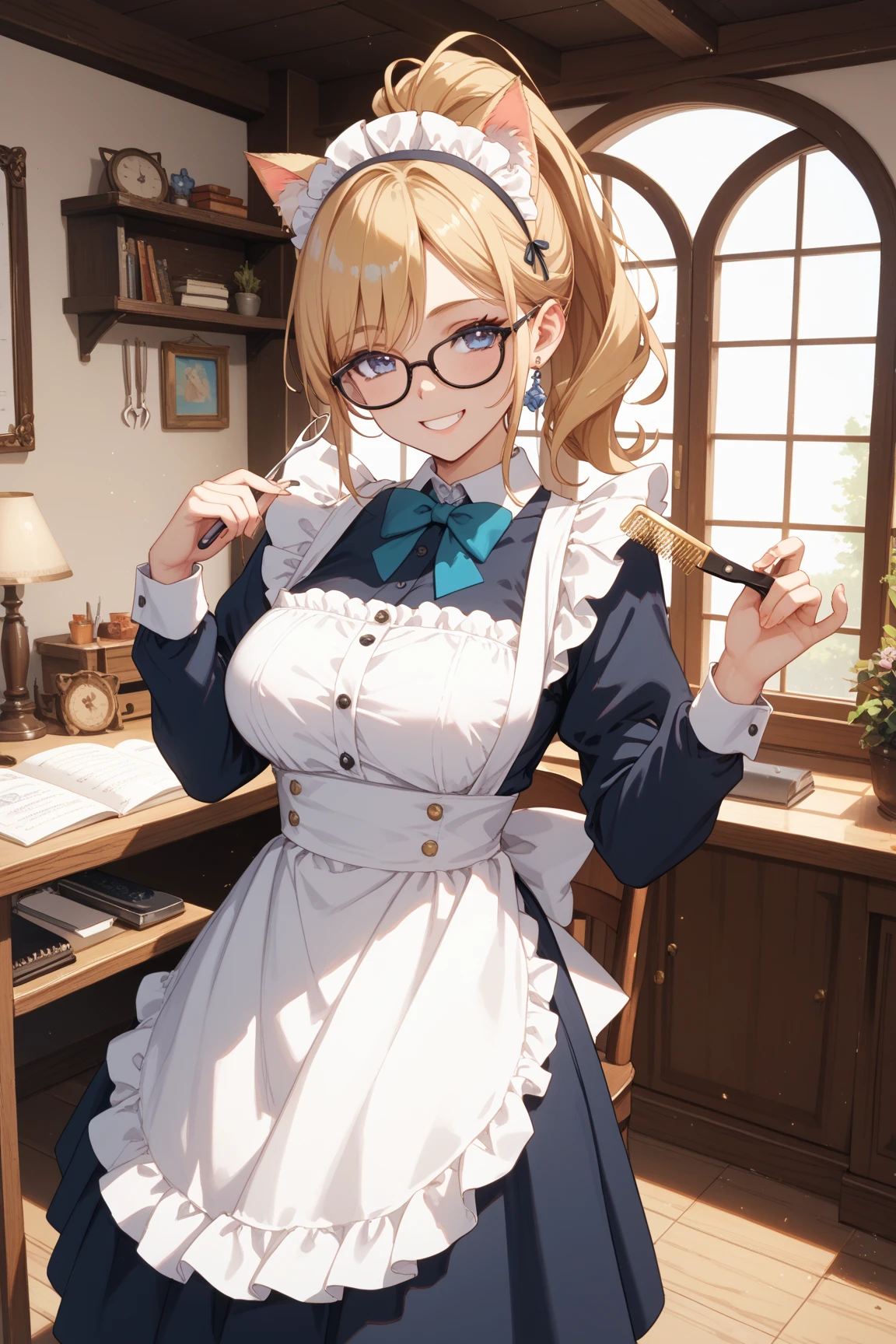 female, blonde long hair in a ponytail, blue eyes, (((1girl))), (((short sleeve French maid uniform))), (white apron), (white stockingss), (black heels), (glasses), cute and sexy, big breasts, big butt, full body, long legs, smiling
