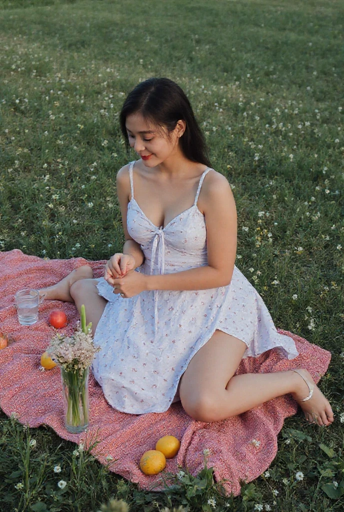 
Woman wavy hair perfect body medium huge breasts and earrings dressed in white frilly low cut dress and fishnet tights sitting on a picnic tablecloth on the grass in a park looking straight ahead realistic