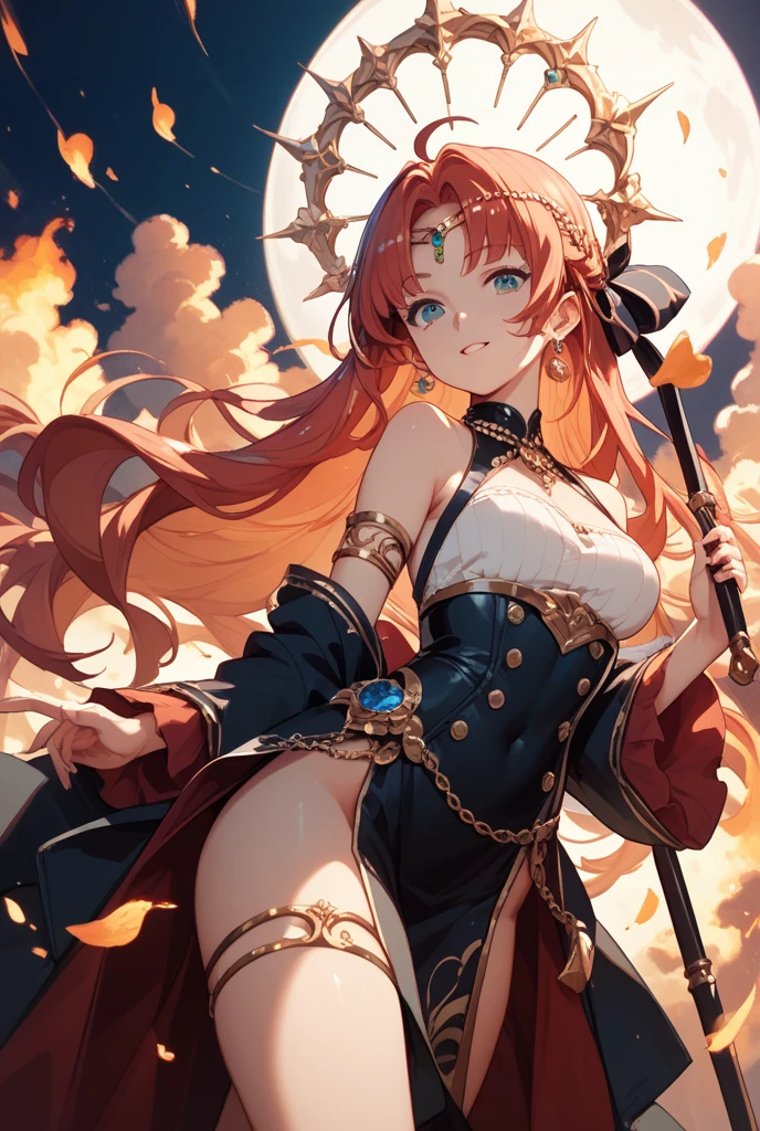 closeup cleavage, The world of dreams, fox ear, Orange ponytail curly hair, Fox-eared beast girl, collars, at a forest, humanoid creature, Original animal leather jacket, Her skin is wheat-colored, Wheat-colored complexion, green-eyed, Black sclera, disheveled brown hair, With a short knife, camel top,blackstockings, Barefoot