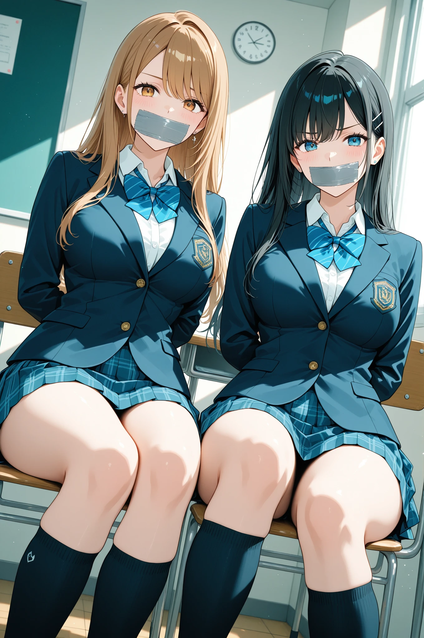(Highly detailed CG unity 8k), (highest quality),(very detailed),(ultra high resolution), 4 girls, (white cloth gag:1.3), sailor uniform, rope bondage, breasts rope bondage, hands back rope bondage, leg rope bondage, thigh rope bondage, (bust rope bondage:1.4), feet rope bondage, Arms behind the waist, bound wrists, shackles the ankles, (gag with a white cloth:1.3), Dark blue skirt, classroom, (white Blindfolded:1.3), (white cloth gag:1.3), Legs together, Tie your ankles, (Black Hair:1.4), long hair, high school girl, (Black Stockings:1.4), Black garter belt, Brown Loafers, (White hair band:1.4), Blur the background, (Drooling:1.3), (The rope penetrates the nipple:1.3), Fillings in the mouth,