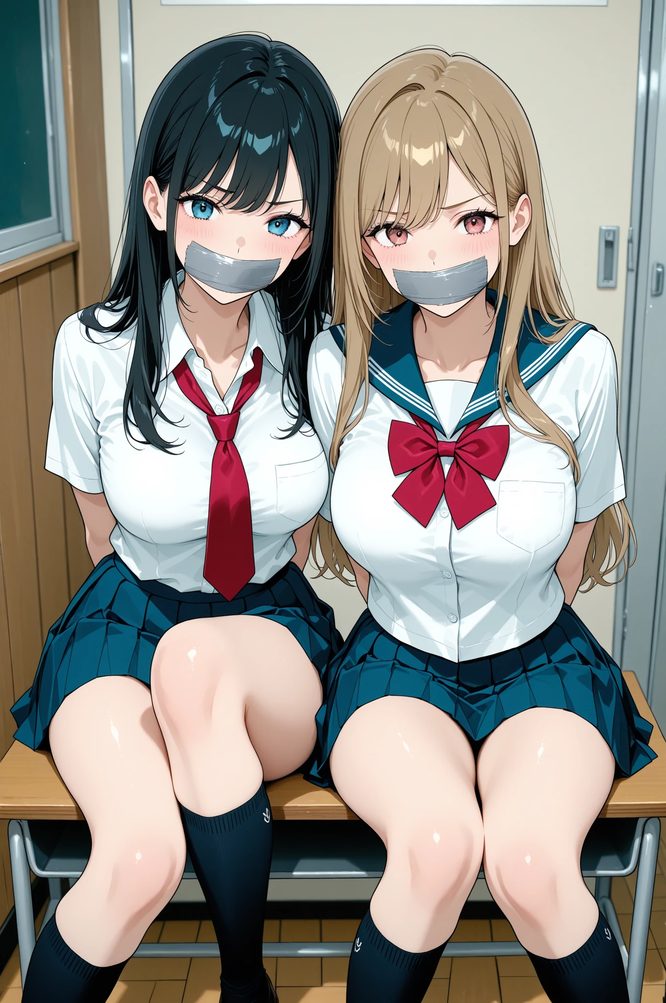 (Highly detailed CG unity 8k), (highest quality),(very detailed),(ultra high resolution), Multiple high school girls, (white cloth gag:1.3), sailor uniform, rope bondage, breasts rope bondage, hands back rope bondage, leg rope bondage, thigh rope bondage, (bust rope bondage:1.4), feet rope bondage, Arms behind the waist, bound wrists, shackles the ankles, (gag with a white cloth:1.3), Dark blue skirt, classroom, (white cloth Blindfolded:1.3), (white cloth gag:1.3), Legs together, Tie your ankles, (Black Hair:1.3), long hair, high school girl, (Black Stockings:1.4), Black garter belt, Brown Loafers, (White hair band:1.4), Blur the background, (Drooling:1.3), Rope digging into nipples, Fillings in the mouth,