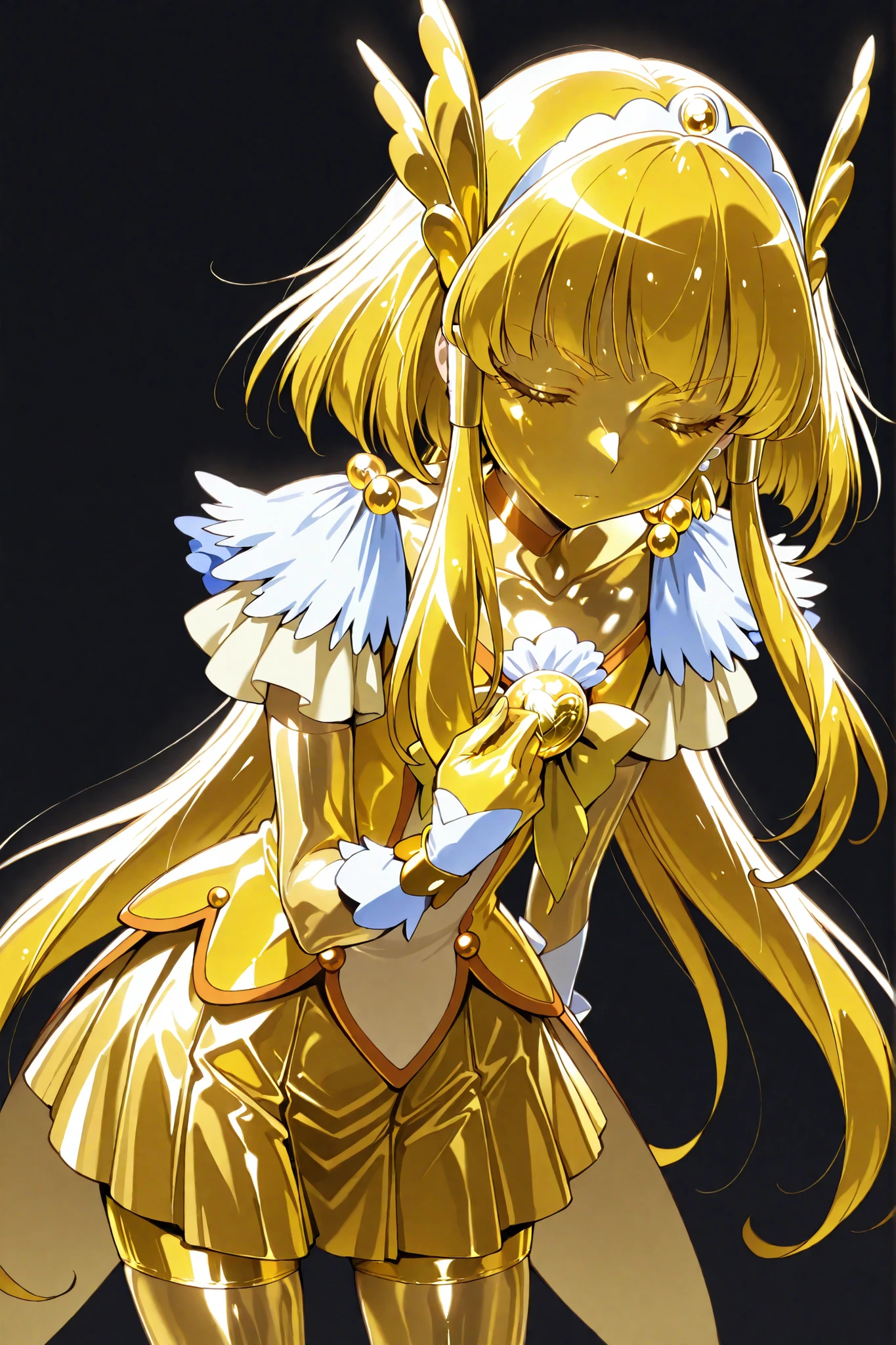 Cure Beauty, masterpiece, best quality, Newest, very high resolution, closed eyes, yellow hair, golden hands, yellow sclera, closed mouth, No students, Yellow skin, shiny skin, metal skin, Black eyebrows, Hanging eyebrows, 1girl, solo, cowboy shot, standing, dynamic on the background, watching viewers, sleeping, Serious Expression, black background, standing, Gold_shorts, Gold_butterfly hair ornament, Long Hair, Gold_shorts, Magical Girl, Gold_skirt, bike shorts, Gold_shorts under skirt, hair ornament, Gold_gem, metallic outfit