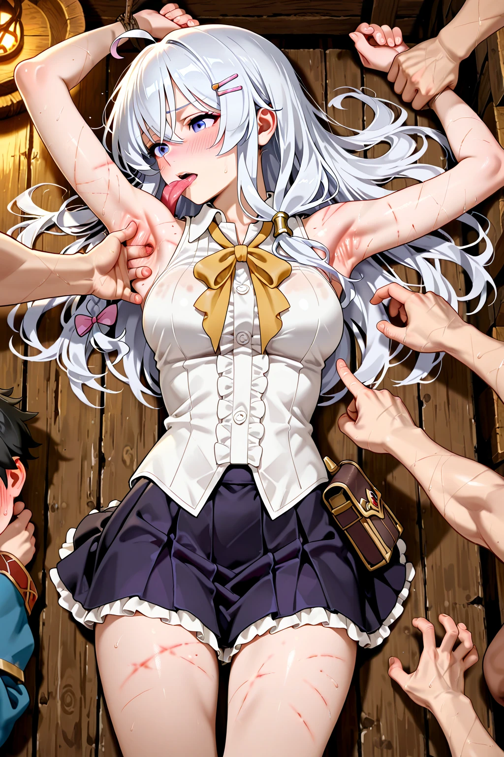 (Ultra-high resolution of the highest quality, masutepiece, Best Quality, 8K, Super Detail, Best Quality:1.3), (1 woman:1.2), (large breasts:1.1), (drooping eyes), blush cheek, long hair, (brown hair),dark red ribbon, (white blouse, unbutton blouse, navy blue skirt:1.7), (white lace bra:1.4), (school bag:1.2), (in crowded train:1.8), front view, beautiful hair, beautiful face, beautiful eyes, beautiful body, beautiful hands, (erect nipples), (orgasm:1.4), (clothed:1.6), (crying:1.4), (hair over eyes:1.6), (face focus, facial cum, bukkake), (looking up:1.2), (from above:1.2), (standing),(large amount of liquid spills from the crotch, Urine in the ground, white peeing :1.5),squarting love juive, open legs, (A large group of gentlemen grab the girl's chest:1.8), (arms up, leg up:1.4), {detailed uncensored} {{{pussy and vagina and labia minora and vaginal entrance and hymen}}} and cervix are visible through the panties,(cum on clotes, cum on face, ,skirt lift:1.5)