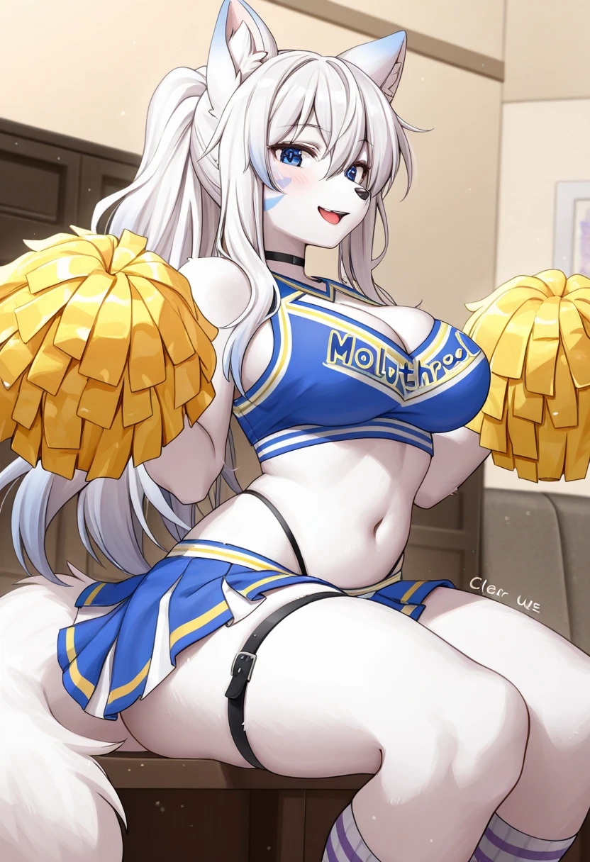 masterpiece, best quality, loona hellhound, ((Sexy red volleyball uniform)), big breast, detailed face, detailed eyes, (slit pupils, white eyes), red sclera, happy, [smile], standing, school track, sunny rays, dogsnout, holding volleyball