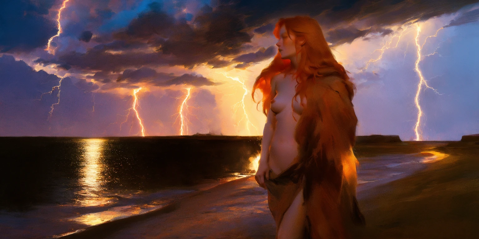 Anime girl. Long red hair. Green eyes Outdoors. Ocean, water. Standing in ocean. Thunderhead, sunset, lightening bolts, lightening hitting water. Nude, Nudity, massive breasts, visible nipples. Visible vagina. Oozing. 1character. (1girl). wet skin, dripping wet. Freckles. Solo. Alone. Wind blown hair. Sultry expression, sexy pose, Strutting, one leg in front of the other. Tan skin, elf ears. Tropical Island. Thunderstorm. raining. Wet hair. Full body, long legs. Hands on breasts.