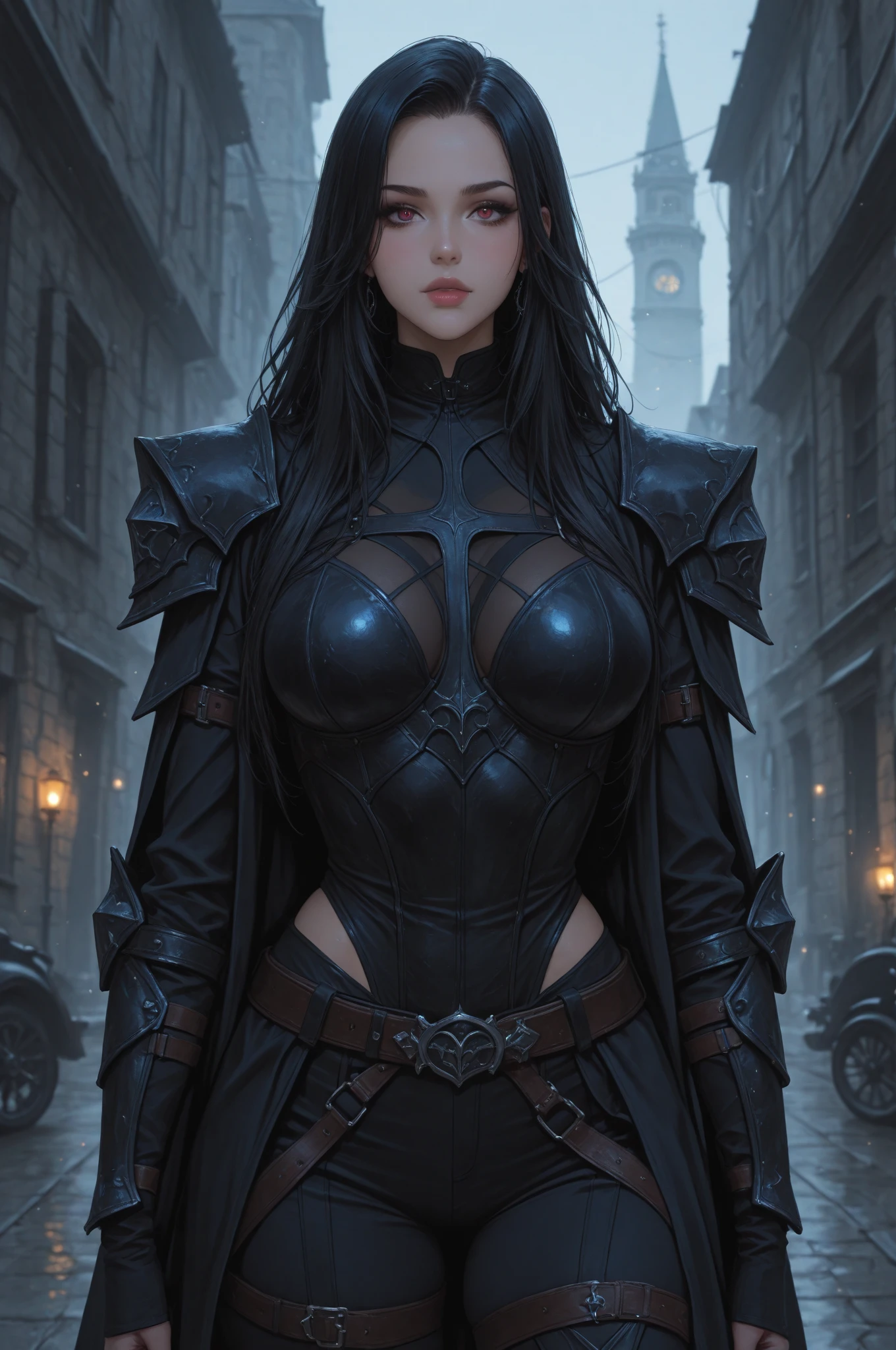 score_9, score_8_up, score_7_up, (((Solo focus))) Design a dark and devious female fantasy character. best quality, extremely beautiful, beautiful face, long wavy white hair, (Woman dark : 1.2), (((Looks like Carmen Bicondova.)) (Seductive with full breasts), (Shiny skin : 1.5), big breasts,Solo focus. 1girl. Sexy and sinister female. Large bust. Wide hips. Sexy appeal. Design a dark and intriguing female fantasy character for a gloomy and eerie fantasy setting. She looks like an anti-hero or a villain. She has a devious and dreadful look about her. Solo focus. 1girl. Sexy and sinister female. Large bust. Wide hips. Sexy appeal. Design a dark and intriguing female fantasy character for a gloomy and eerie fantasy setting. She looks like an anti-hero or a villain. She has a devious and dreadful look about her. She wears black leather and wears dark medieval fantasy attire. She seems dangerous and sly. She has a lot of charisma and personality. dark fantasy attire, dark atmosphere, photorealistic depiction, 4K resolution. fantasy attire, dark atmosphere, photorealistic depiction, 4K resolution.
