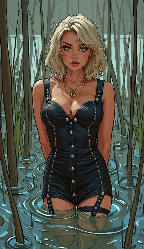 vector image, anime, close-up, mature woman head , gloomy orgasm, gothic look, short dress with narrow straps, stockings, drowning in the middle of quicksand bog, green,sky, red lips