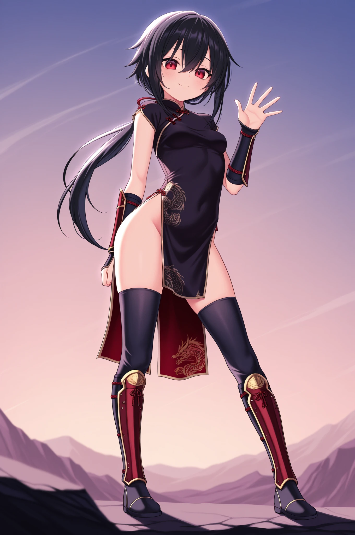 XUER Yor Forger,1girl,yor briar,solo,dual wielding,red eyes,holding,dress,thighhighs,black hair,jewelry,black dress,earrings,black thighhighs,from below,floral print,hairband,gold hairband,two-sided dress,breasts,holding weapon,sidelocks,hair ornament,long hair,floating hair,two-sided fabric,china dress,flower,chinese clothes,short sleeves,bangs,closed mouth,hair flower, fish eye, "long shot scenic professional photograph of {prompt}, perfect viewpoint, highly detailed, wide-angle lens, hyper realistic, with dramatic sky, polarizing filter, natural lighting, vivid colors, everything in sharp focus, HDR, UHD, 64K"
