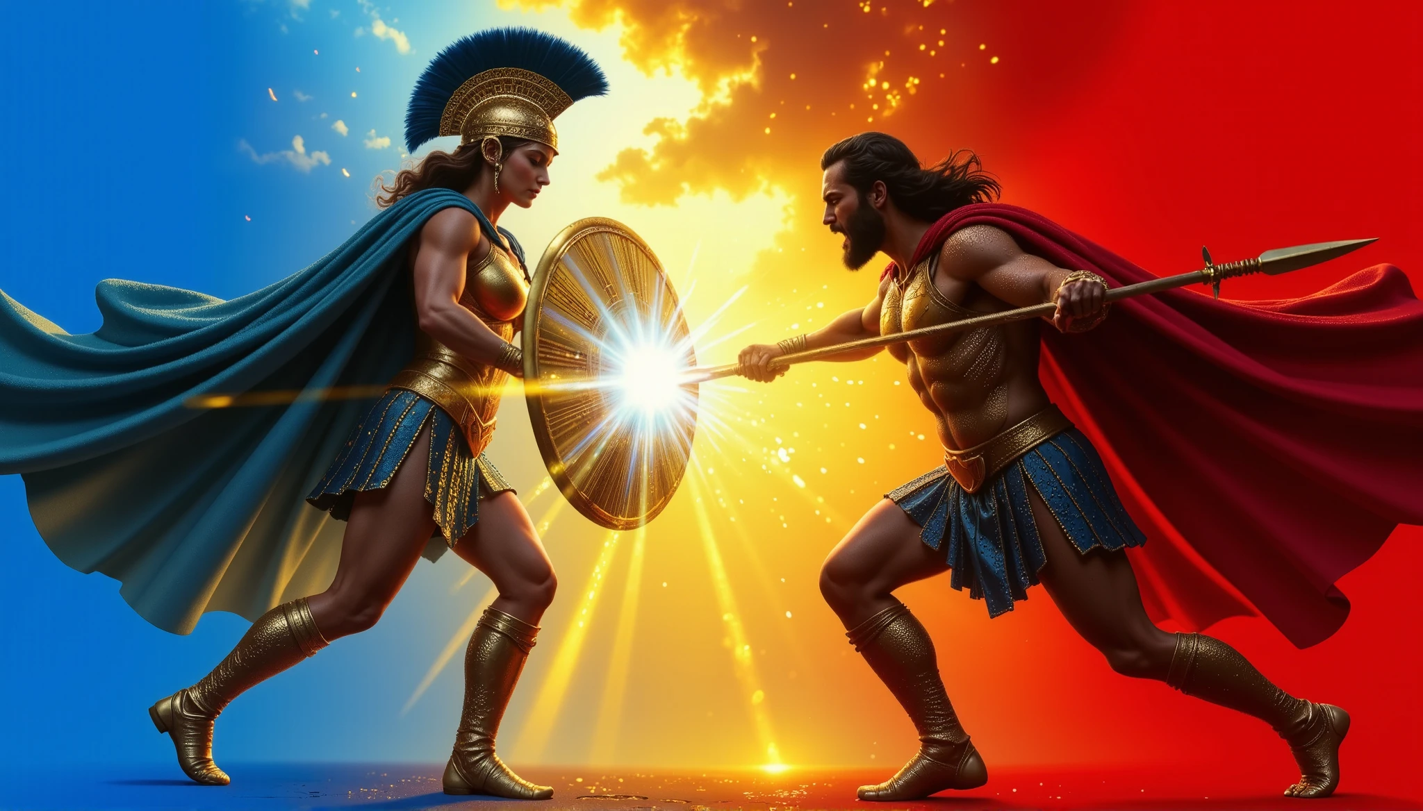 In the center of the composition, Athena stands firm, her golden Aegis raised to intercept Ares' bronze spear. At the moment of impact, sparks and golden rays scatter from the shield, illuminating the faces of the characters. Athena wears golden armor sculpted with mythological details and a sky-blue cape that moves with the wind. Her Corinthian helmet bears a blue plume that rises majestically.

Ares appears to the right, encased in bronze armor with dark red hues. His crimson cape billows aggressively, and he roars through clenched teeth. The spear he throws at Athena still vibrates in the air, its tip plunging into the Aegis. The sky behind Ares is filled with dark clouds of burnt red and brown, contrasting with the golden and blue sky surrounding Athena. The ground beneath Ares' feet begins to crack with the energy of battle.