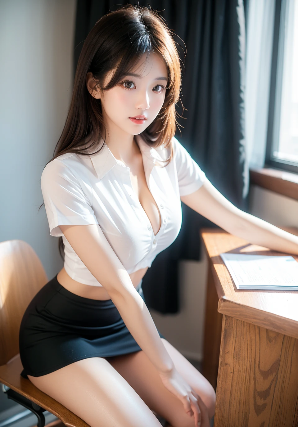stand in the classroom, hairstyle in movement, woman in light purple student uniform, very short skirt, light purple dress, (very big breasts, big thighs, full breasts ), small waist, (lovely delicate face), (girl cute fine face), gwise, portrait cute fine face, trend on CGSTATION, Yang Juncheng, (beautiful delicate face, beautiful portrait picture, beautiful asian girl, Yang Junchen, Yang J, Sakimi-chan), portrait of a girl, smiling eyes, Lift up your own skirt, skirtlift, white panties, Tight-fitting short-sleeved shirt, no bra, braless, big nipples, Gorgeous cleavage, (Gentle), dynamic style, (full body shot), wearing elegant purple student shoes, (very detailed face), sexy, camel toe, (white school shoes), (shy face), (very highly detailed face)