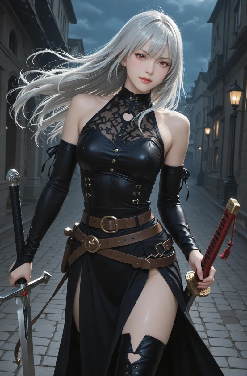 white hair girl，gloomy expression，blue pupils，black dress，high ponytail，Tall，gloomy，Standing in the dark courtyard at night，Holding a bloody dagger in hand，masterpiece，best quality，detailed