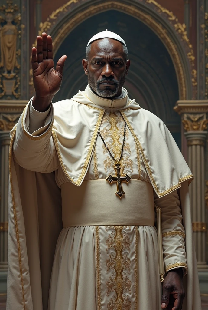 RAW photo, photo of kevhart <lora:Kevin_HarTv1:0.8> as a (pope:1.2), white robes, christ locket, papal hat, 8k uhd, dslr, high quality, film grain, Fujifilm XT3