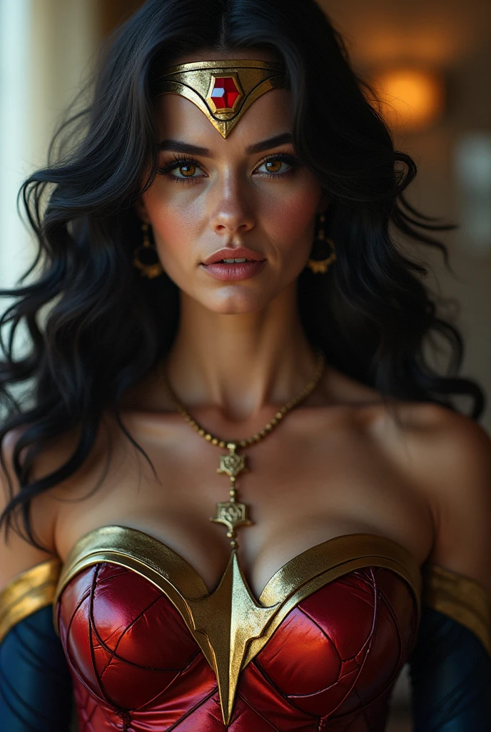 photorealistic, highly detailed, masterpiece, hyper-realistic, (Bella Thorne:1.2), 1girl, beautiful detailed eyes, beautiful detailed lips, extremely detailed eyes and face, long eyelashes, (busty bikini bigger:1.3), (wonder woman costume:1.1), middle ages bracelets, exotic tiara, (lingerie top with ornaments:1.1), studio lighting, dramatic lighting, vibrant colors, cinematic, intricate details, unreal engine, 8k, photorealistic skin, detailed fabric textures