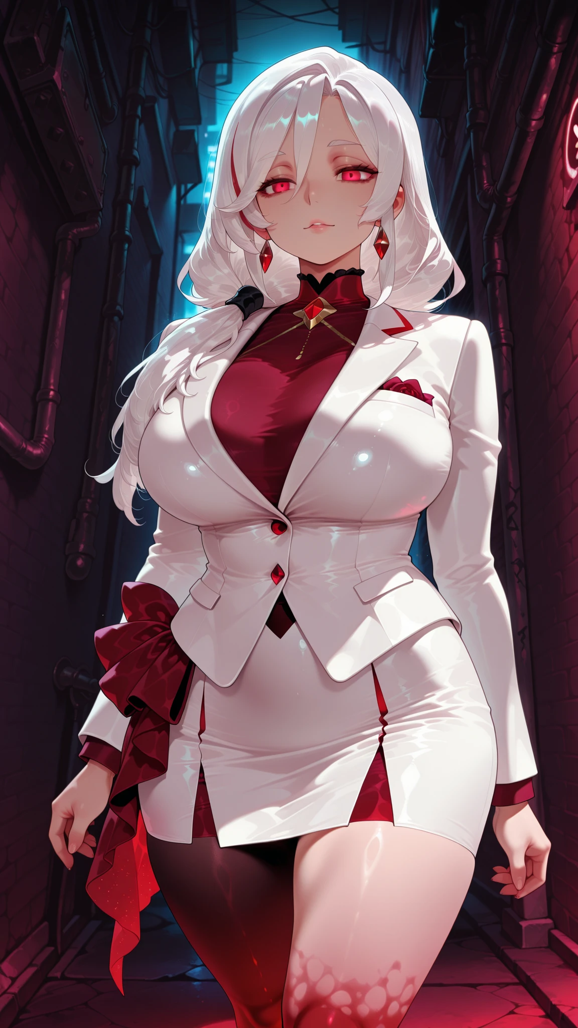 (((masterpiece))), ((best quality)), detailed, professional lighting,(upper body),(spread legs),white pants,solo, 1girl,half-closed eyes,(one eye covered),(white coat),(((torn clothing))),leather skirt,(torn stockings), garter straps, seductive pose,(standing),(straight-on ),(huge breasts),high heel boots,knee boots,holding katana,(one eye covered), red lips, moaning,