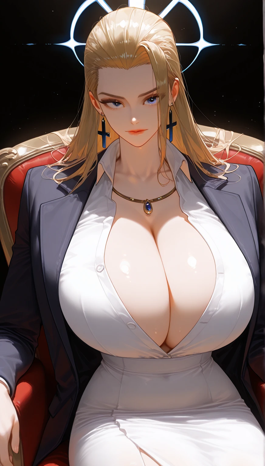 beautiful detailed girl, sexy female mafia boss, wearing office suit and long transparent coat, blonde hair, slender, Pose with hands together, Youthful expression, large breast, massive cleavage exposed, huge buttock, sitting on the throne arrogantly